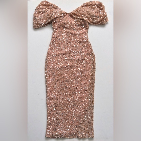 Badgley Mischka Off-the-Shoulder Sequin Dress Peony Pink size 0 gown wedding - Picture 13 of 16